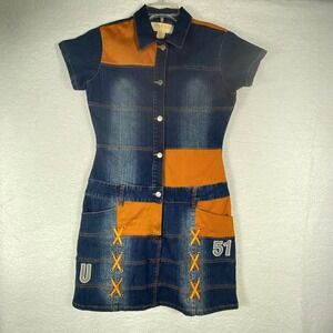 NEESO Jeans Company 2000 Women's L Denim Dress Orange Mesh Patchwork Laced Y2K